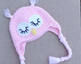 Crochet Owl Hat, Earflap hat, Owl Beanie, Sleepy Owl Hat, Newborn Owl hat, Baby owl beanie, Newborn girl Owl Photo Prop,  Pink Owl hat