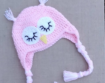 Crochet Owl Hat, Earflap hat, Owl Beanie, Sleepy Owl Hat, Newborn Owl hat, Baby owl beanie, Newborn girl Owl Photo Prop,  Pink Owl hat