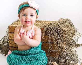HANDGEMAAKTE GEHAAKTE zeemeermin staart outfit, pasgeboren zeemeermin set foto prop baby groenblauw en roze zeemeermin staart, baby zeemeermin kostuum, zeemeermin outfit
