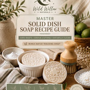May include: A digital guide titled Master Solid Dish Soap Recipe Guide by Wild Willow Naturals. The image features two round, embossed soap bars, a wooden dish brush, and small bowls of ingredients on a wooden surface with text overlays.