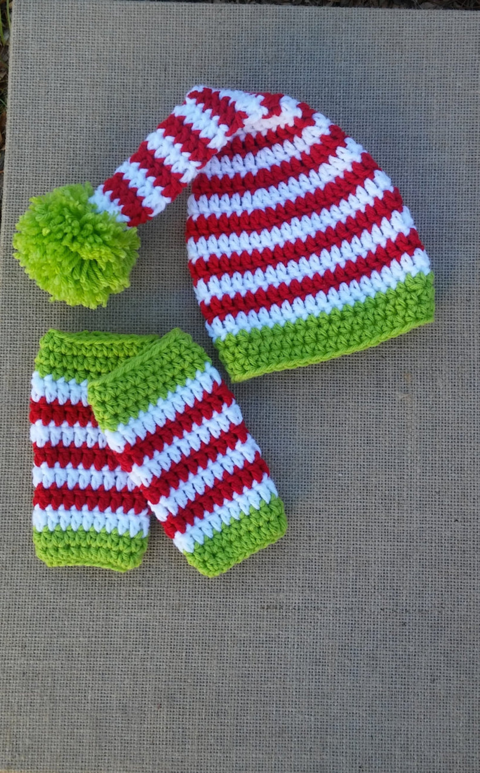 Crochet elf Hat and Legwarmers set baby christmas photo prop Etsy