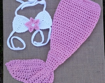 HANDMADE CROCHET MERMAID outfit, photo prop baby pink and white mermaid tail, baby mermaid costume, Active