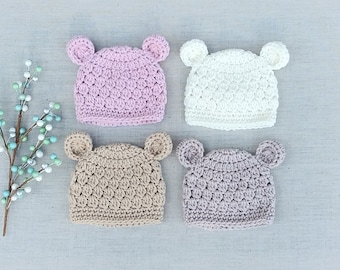 Crochet Bear Hat - Newborn Baby Beanie, Photo Prop