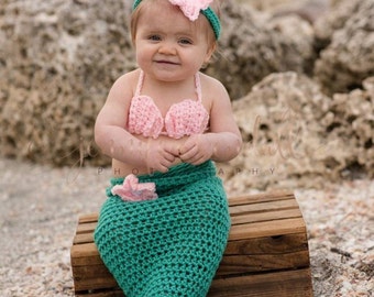 Costume Bébé Sirène Crocheté Main - Taille Newborn, Turquoise, Thème Plage - Neuf, Fait Main USA