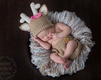 Newborn Baby Deer Diaper Cover Set, Baby Boy and Girl Deer Outfit, Baby Deer Photo Prop, Crochet Baby Deer Set, Deer Outfit