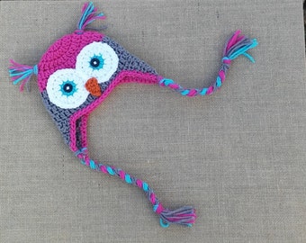 Crochet Owl Hat, newborn owl hat Baby  Owl Beanie Girls Owl Hot Pink Gray Turquoise Owl Hat Baby Pink Owl Hat Baby Owl Beanie Photo Props