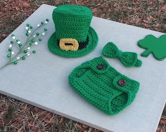 Strój na dzień Świętego Patryka, rekwizyt do zdjęć noworodka, czapka skrzata, kostium skrzata, szydełkowany strój dla niemowląt, strój skrzata dla niemowląt, czapka dla noworodka