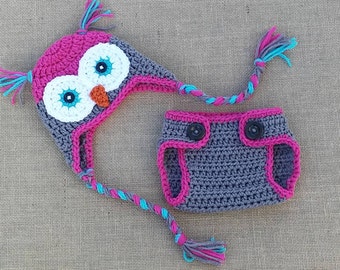 Crochet Baby Owl Hat and Diaper Cover Set, Newborn Photo Prop
