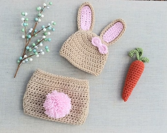 Newborn Bunny Hat and diaper, Crochet baby bunny outfit, baby easter costume newborn photography prop newborn bunny outfit, baby shower gift