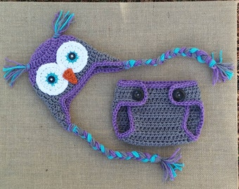 Crochet Owl Hat and Diaper Cover Set, Newborn Photo Prop