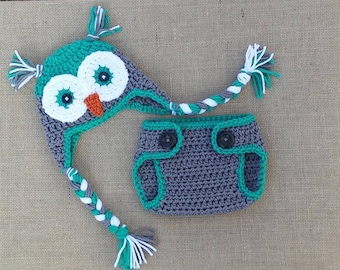 Crochet Baby Owl Hat and Diaper Cover Set, Newborn Photo Prop