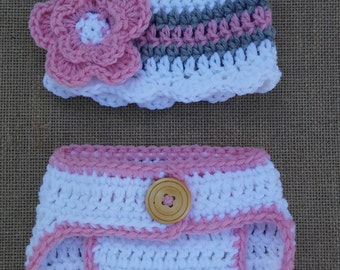 Crocheted Baby Girl Outfit, Baby Shower Gift, Newborn Photo Prop, Crochet Baby Hat, Baby Outfit, Baby Girl Gift, Newborn Girl Hat