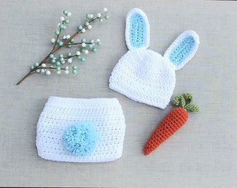 Newborn Bunny Hat and diaper, Crochet baby bunny outfit, baby easter costume newborn photography prop newborn bunny outfit, baby shower gift