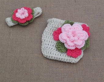 Crochet baby girl set,Newborn Diaper Cover,Flower Diaper Cover, Flower Headband, baby girl outfit, Crocheted baby headband, baby shower gift