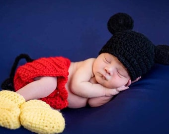 Gorro y cubrepañal de Mickey Mouse para bebé recién nacido, hecho a mano, crochet, accesorio para fotografía, conjunto de gorro y cubrepañal de Mickey, color rojo