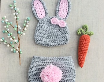 Newborn Bunny Hat and diaper, Crochet baby bunny outfit, baby easter costume newborn photography prop newborn bunny outfit, baby shower gift