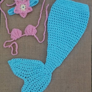 CROCHETED MERMAID tail outfit newborn mermaid set photo prop baby blue mermaid tail pink shell bra baby mermaid costume mermaid outfit