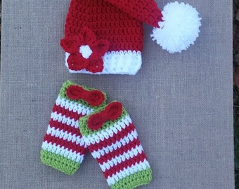 Crochet baby girl Hat and Legwarmers set, baby christmas photo prop, santa hat, crochet stocking hat, newborn girl outfit christmas,  baby