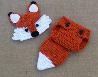 Handmade fox set, Baby fox hat, Crochet fox Hat and Diaper Cover, newborn Fox Hat, baby Fox Outfit, Newborn Photo Prop, Baby Gift