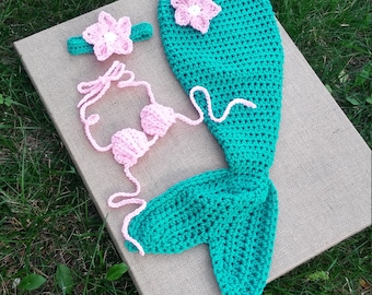 HANDGEMAAKTE GEHAAKTE zeemeermin staart outfit, pasgeboren zeemeermin set foto prop baby groenblauw en roze zeemeermin staart, baby zeemeermin kostuum, zeemeermin outfit
