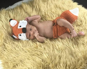 Baby fox hat, Crochet fox Hat and Diaper Cover, newborn Fox Hat, baby Fox Outfit, Newborn Photo Prop, Baby Gift