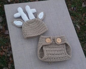 Newborn Baby Deer Diaper Cover Set, Baby Boy and Girl Deer Outfit, Baby Deer Photo Prop, Crochet Baby Deer Set, Deer Outfit