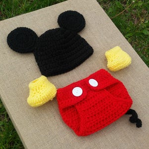 Handgemachte häkeln Neugeborene Baby Junge Mickey Mouse Mütze Windel Cover und Booties, FOTO PROP, Mickey Mütze und Windel Cover Set rot, Mickey Outfit