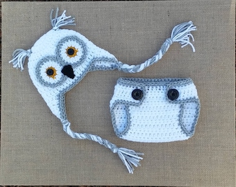 Crochet Baby Owl Hat Diaper Cover Set, Photo Prop