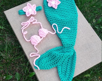 HANDMADE CROCHET MERMAID tail outfit, newborn mermaid set photo prop baby teal and pink mermaid tail, baby mermaid costume,mermaid outfit