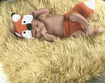 Crochet Baby Fox Hat and Diaper Cover, Newborn Photo Prop