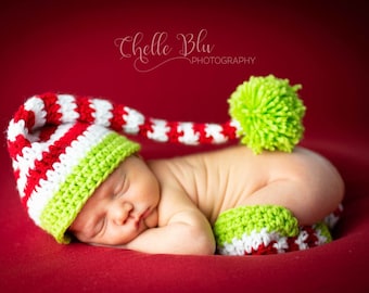 Crochet Elf Hat and Leg Warmers Set, Newborn Christmas Outfit
