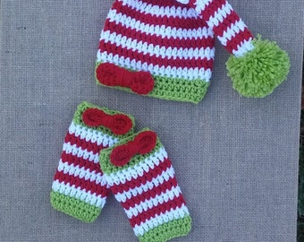 Crochet baby girl elf Hat set, baby christmas photo prop, santa hat, crochet stocking hat, newborn outfit christmas, newborn santa hat