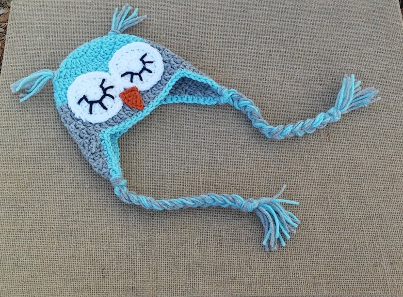 Crochet Owl Hat, Earflap hat, Owl Beanie, Sleepy Owl Hat, Newborn Owl hat, Baby owl beanie, Newborn