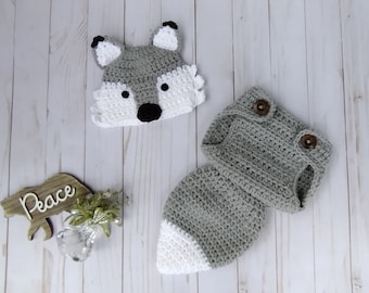 Gehäkelte Wolf Mütze, Windel Cover für Neugeborene, Baby Fuchs Outfit, Neugeborenen Foto Requisite, Baby Geschenk, Neugeborenen Tier Hut