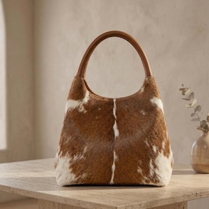 Women's Cowhide Leather Shoulder Bag, Slouchy Western Hobo Purse, Genuine Hair on Hide Tote