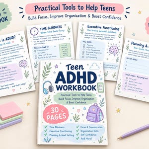 May include: A Teen ADHD Workbook with 30 pages, surrounded by four informational sheets titled What is ADHD, Time Blindness, Executive Functioning, and Planning & Goals. Includes a light purple pair of headphones, sticky notes, and a pen.