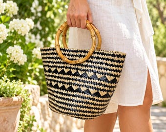 Sac cabas en paille tressée à la main, sac de plage rétro colorblock, grand sac fourre-tout d'été pour femme