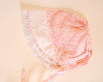Vintage Baby Bonnet White And Pink Flowers Lace Trim