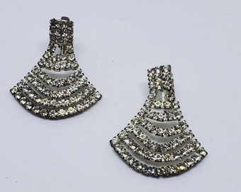Vintage Rhinestone Drop Earrings Prong Set Articulated Fan Style Clip On Mid Century Jewelry