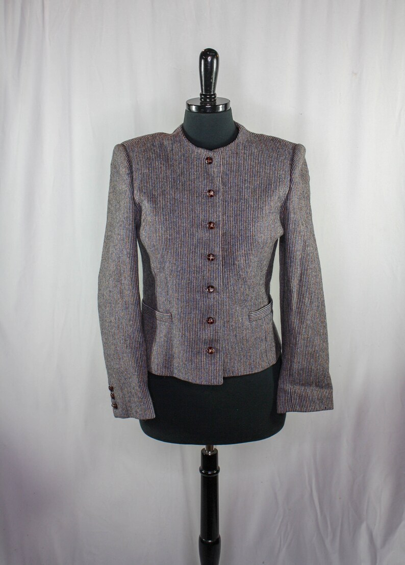 Vintage Saville Blazer Jacket Wool Tweed Wooden Buttons Grey Blue Brown Short Jacket Retro image 2