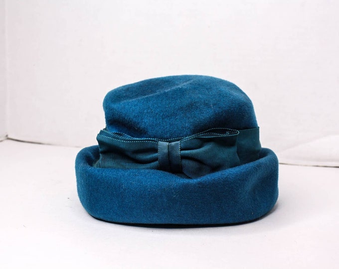 Neumann Ribbon Vintage Neumann Endler Electa Hat Blue Wool Ribbon Bow Pillbox Mid ...