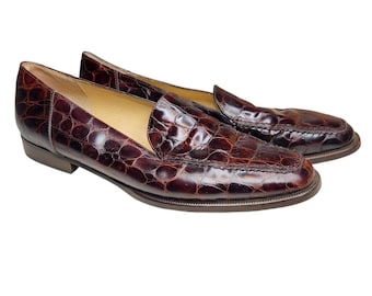 Mocasines vintage Sesto Meucci de piel con estampado de cocodrilo, color marrón, estilo clásico.
