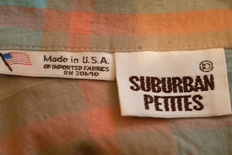 Vintage Suburban Petites Plaid Short Sleeved Button Up Top Orange Blue Teal Plaid
