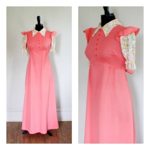 Vintage 1960s Maxi Dress Coral Peach Polyester Flowers Empire Waist Butterfly Collar Prairie