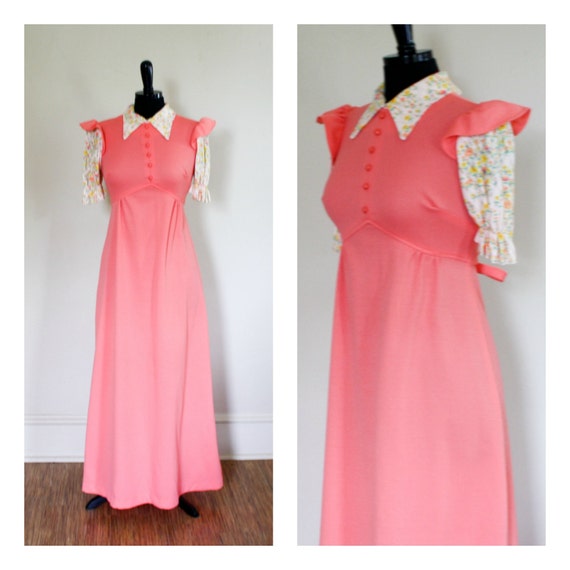 Vintage 1960s Maxi Dress Coral Peach Polyester Fl… - image 1