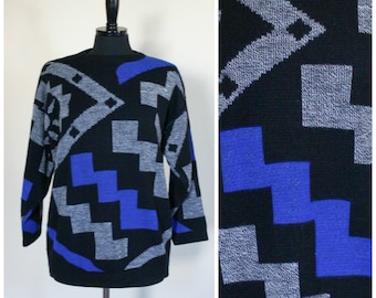 Vintage Blue Black And Grey Sweater 1980s Geometric South Knit Ind.