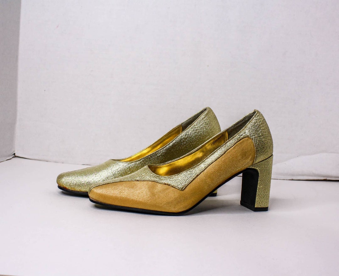 Vintage Floral Collection Gold High Heel Shoes Two Tone Metallic Gold Fabric Size 5WW Etsy Canada