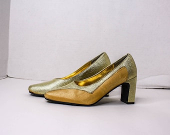 Vintage Floral Collection Gold High Heel Shoes Two Tone Metallic Gold Fabric Size 5WW