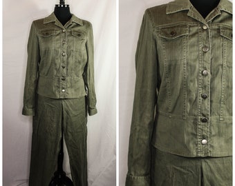 Vintage Rafaella Denim 2 Piece Set Army Green Jacket Top Pants Retro 90s