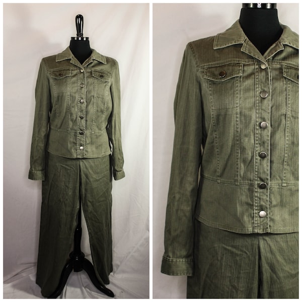 Vintage Rafaella Denim 2 Piece Set Army Green Jacket Top Pants Retro 90s